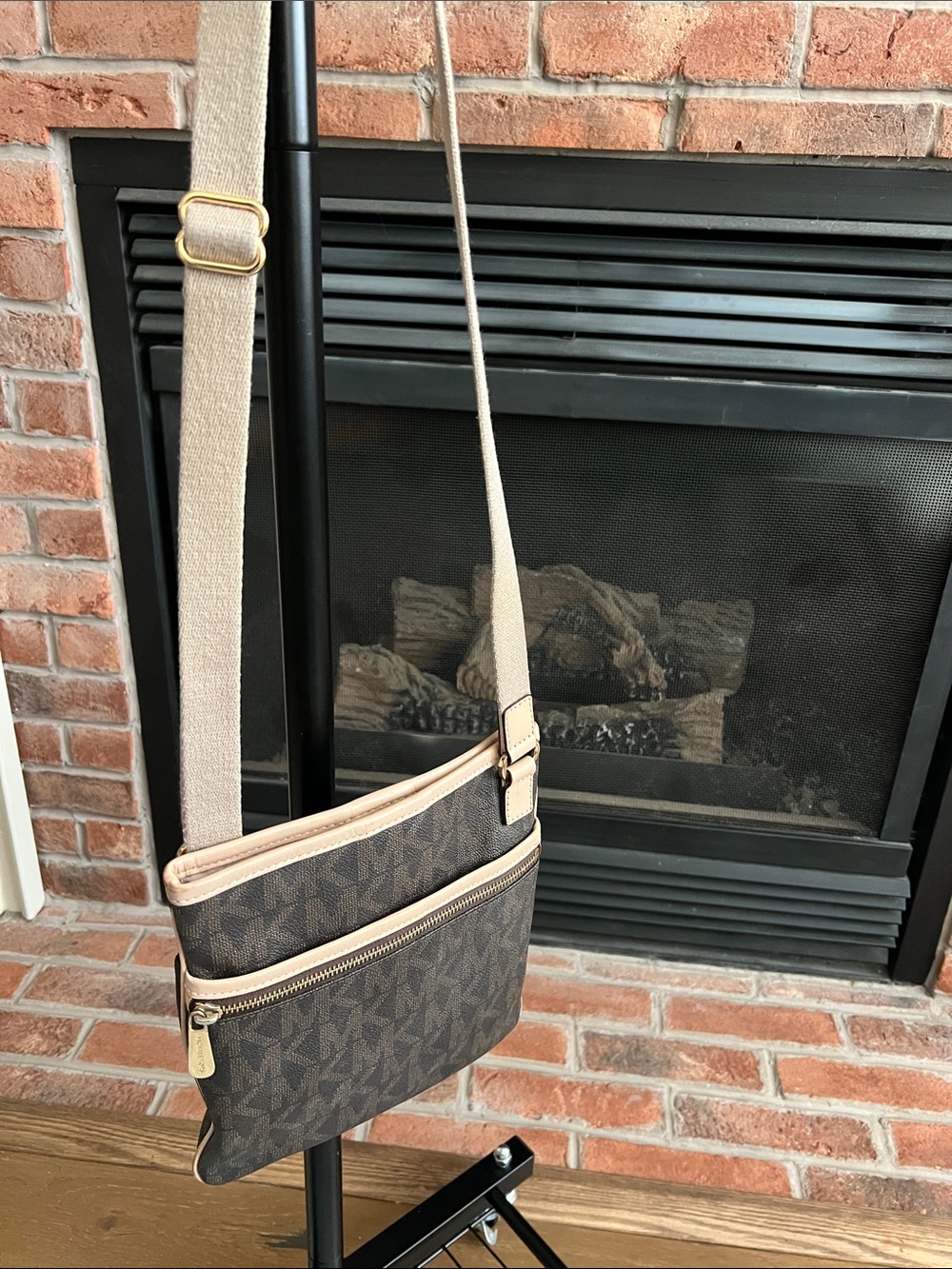 Michael Kors Brown Monogram Crossbody with Beige Trim